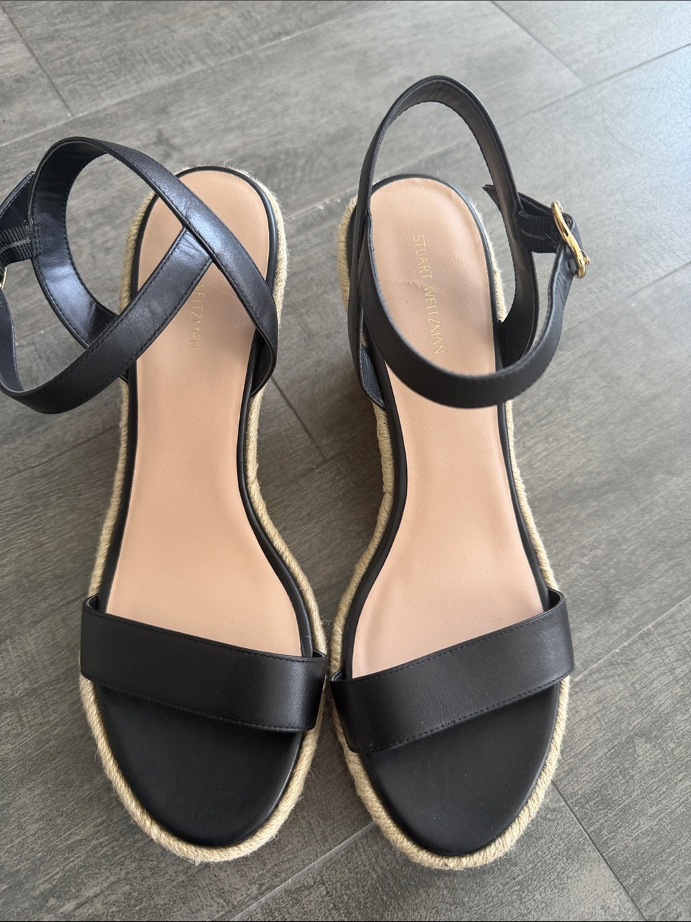 Stuart Weitzman Black Leather Espadrille Slingback Sandals with Gold Buckle